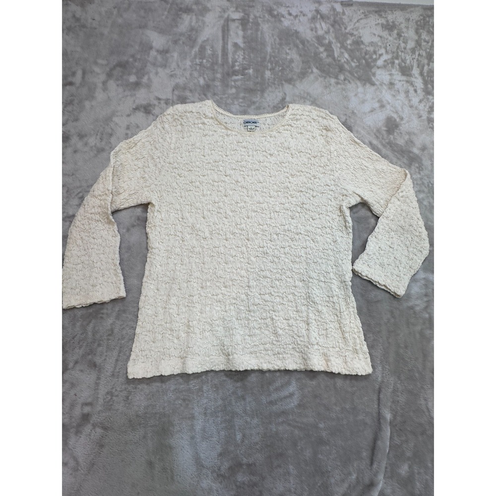 VTG 90s Cherokee Popcorn Shirt Womens L Cream Crinkle Pucker Knit Lace Trim Y2K
